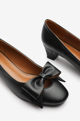 Georgia Wide Fit Mid Heel Court Shoes With Bow Detail In Black Faux Leather