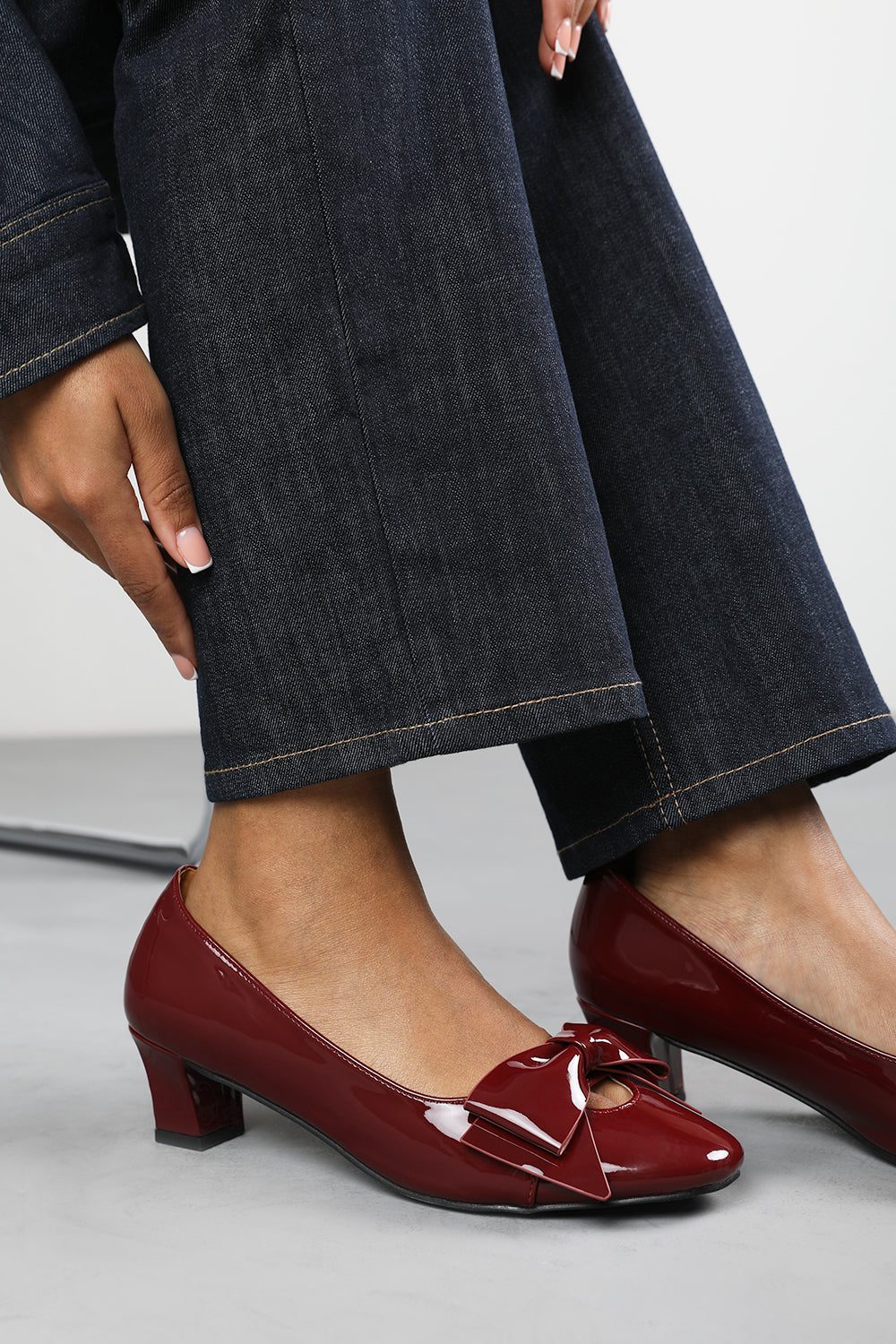 Georgia Wide Fit Mid Heel Court Shoes With Bow Detail In Cherry Patent Finish