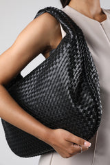 Barber Large Contorted Shoulder Bag in Black Woven Faux Leather