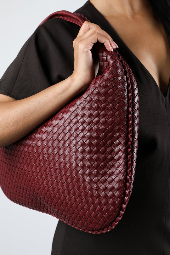 Barber Large Contorted Shoulder Bag in Burgundy Woven Faux Leather