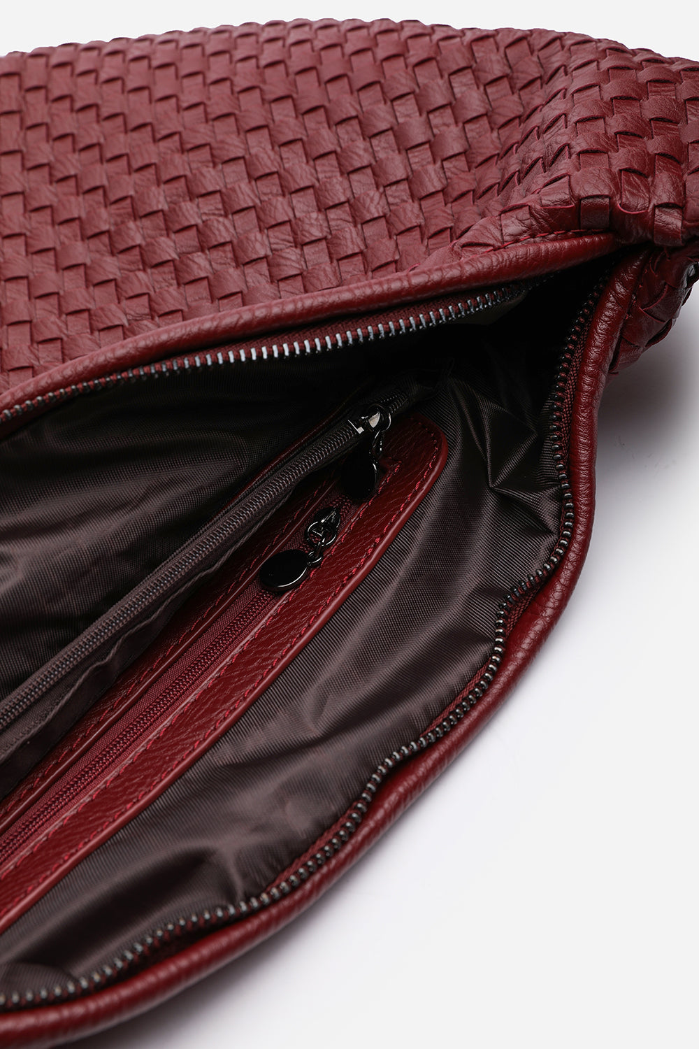 Barber Large Contorted Shoulder Bag in Burgundy Woven Faux Leather