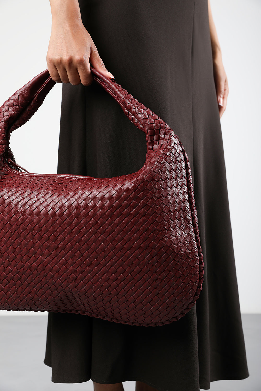 Barber Large Contorted Shoulder Bag in Burgundy Woven Faux Leather