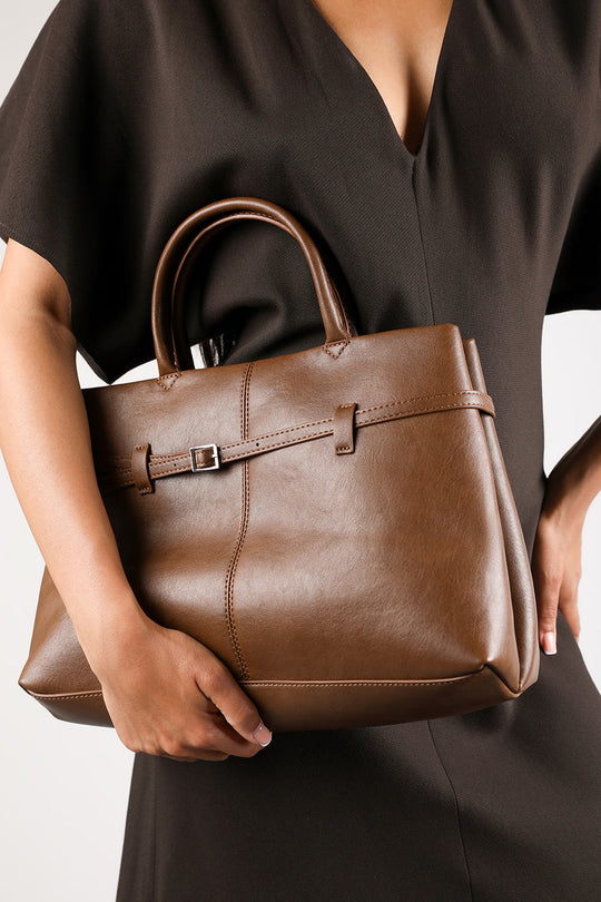 Flores Luxury Structured Leather Tote Bag in Tan