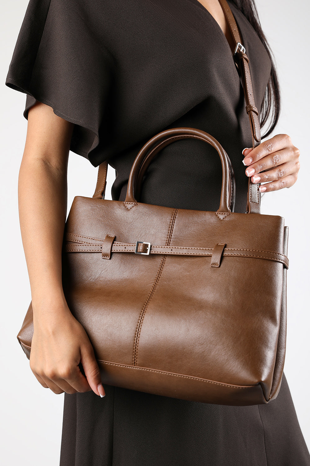 Flores Luxury Structured Leather Tote Bag in Tan