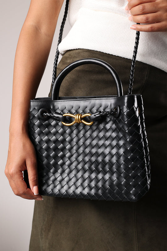 Luna Woven Leather Tote bag with Gold Detail in Black Faux Leather