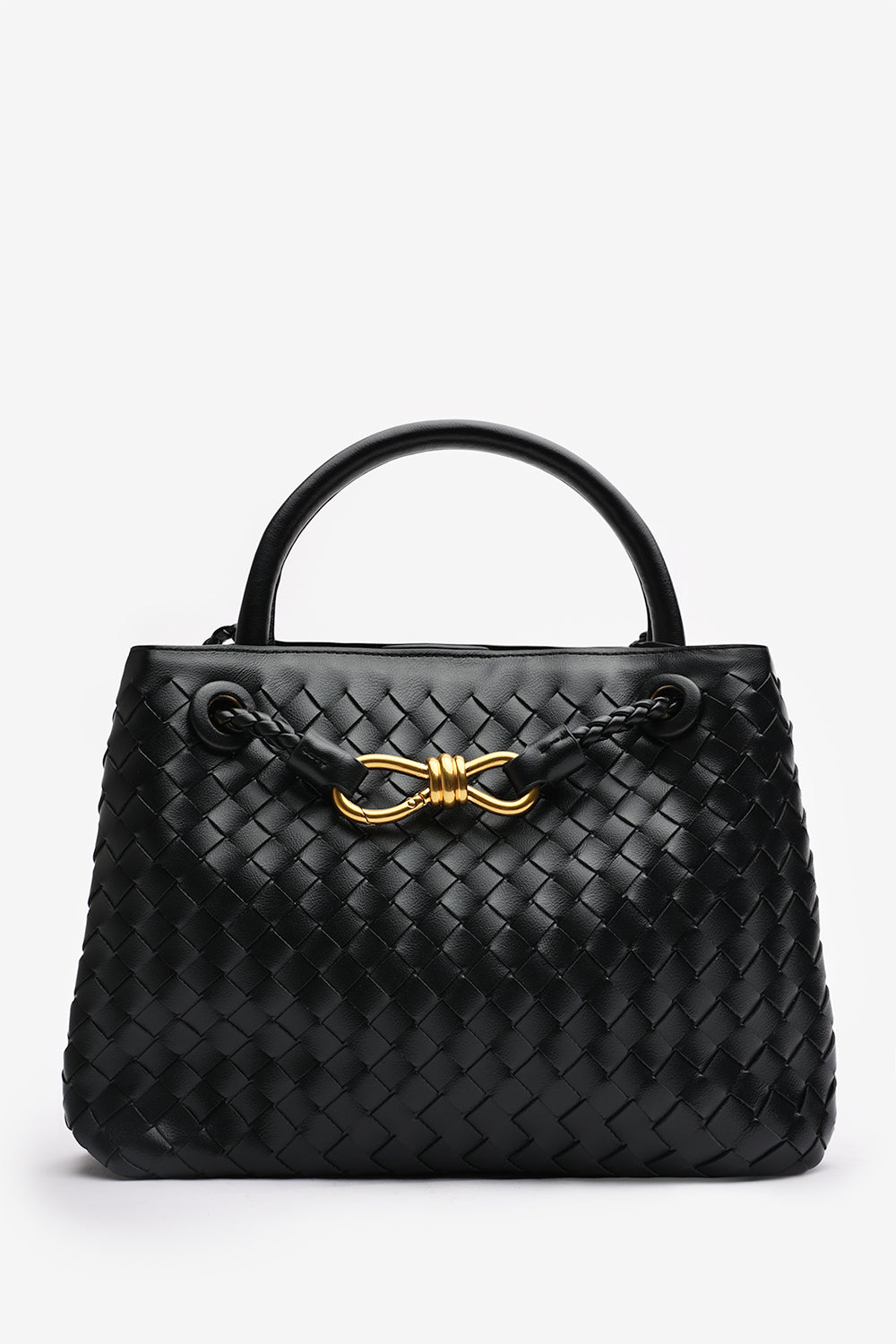 Luna Woven Leather Tote bag with Gold Detail in Black Faux Leather