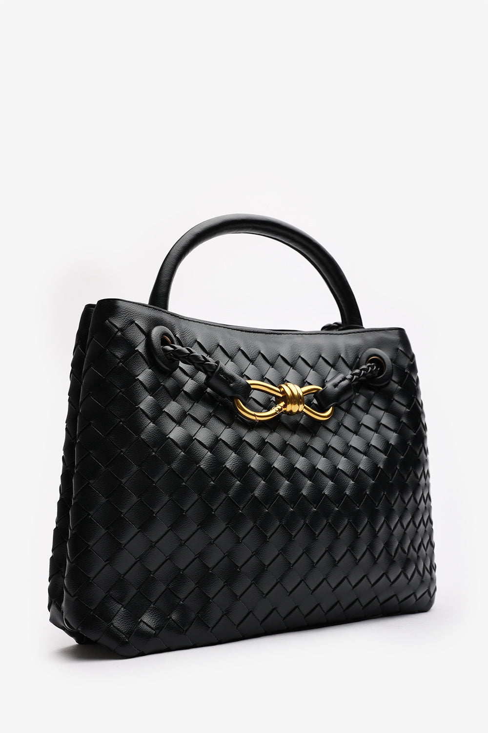 Luna Woven Leather Tote bag with Gold Detail in Black Faux Leather