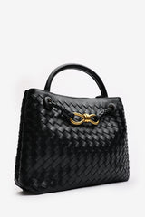 Luna Woven Leather Tote bag with Gold Detail in Black Faux Leather