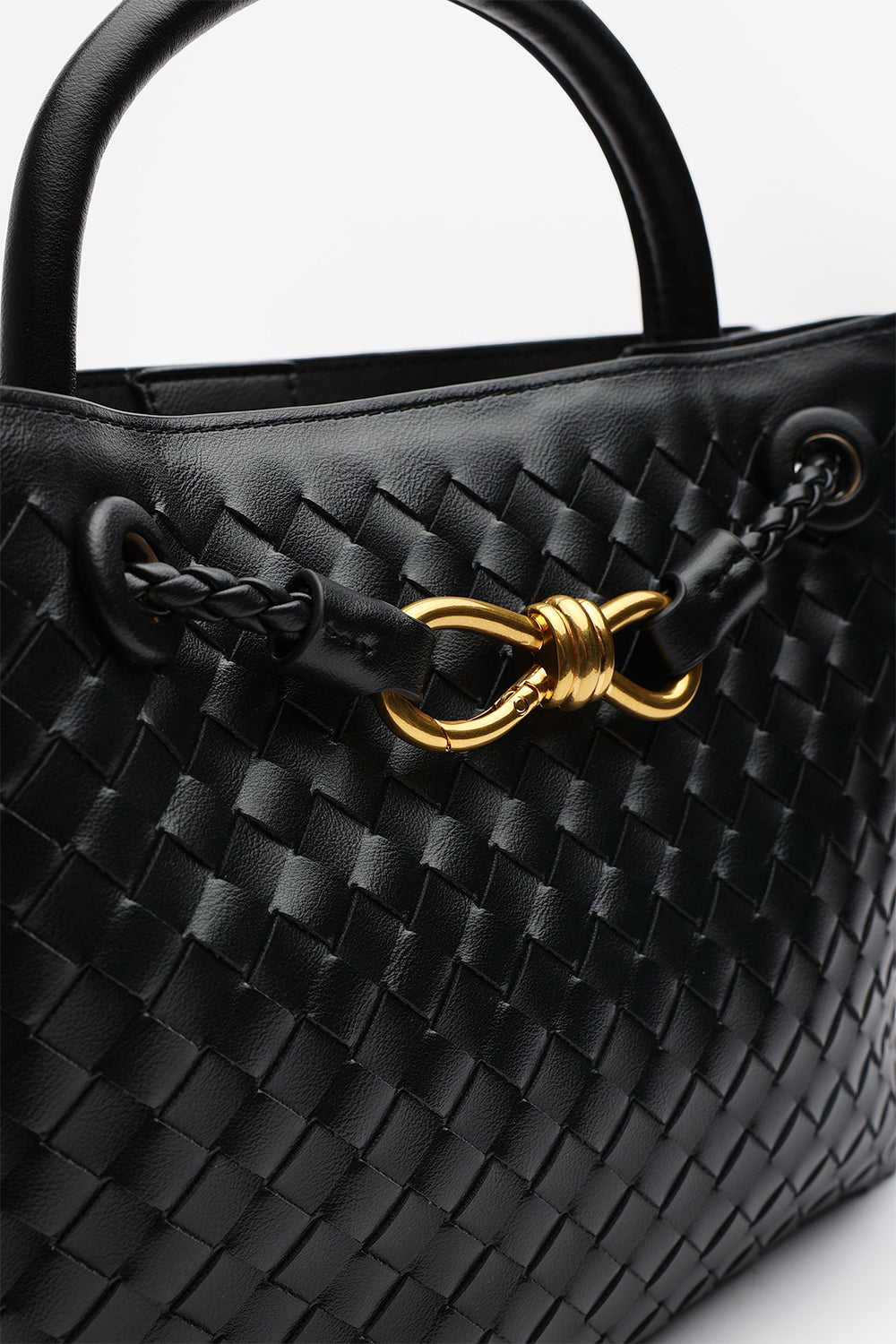 Luna Woven Leather Tote bag with Gold Detail in Black Faux Leather