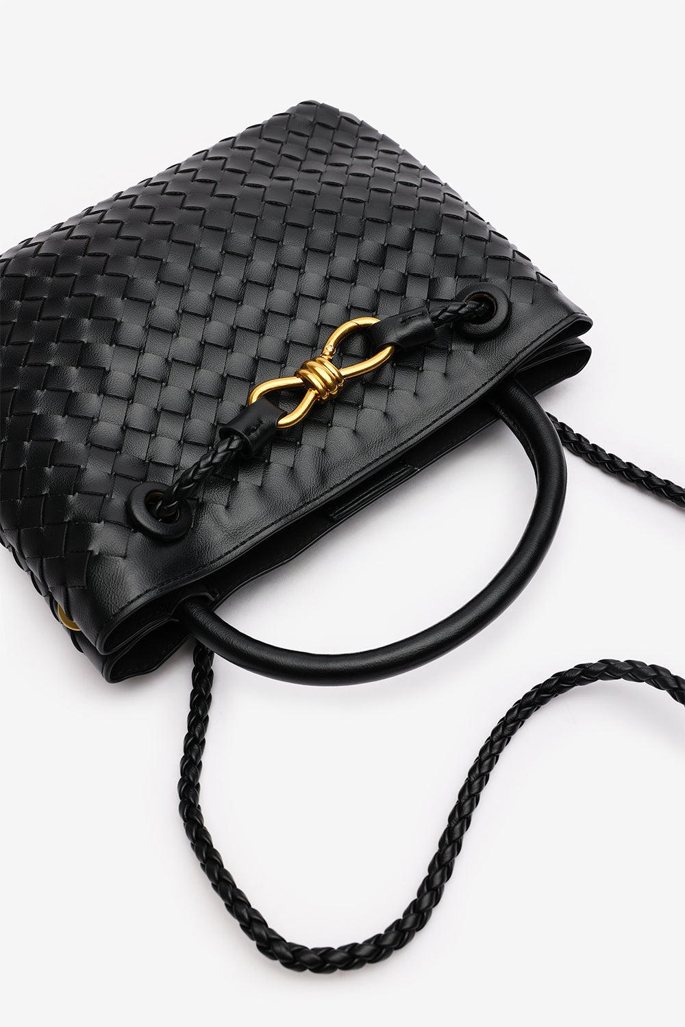 Luna Woven Leather Tote bag with Gold Detail in Black Faux Leather