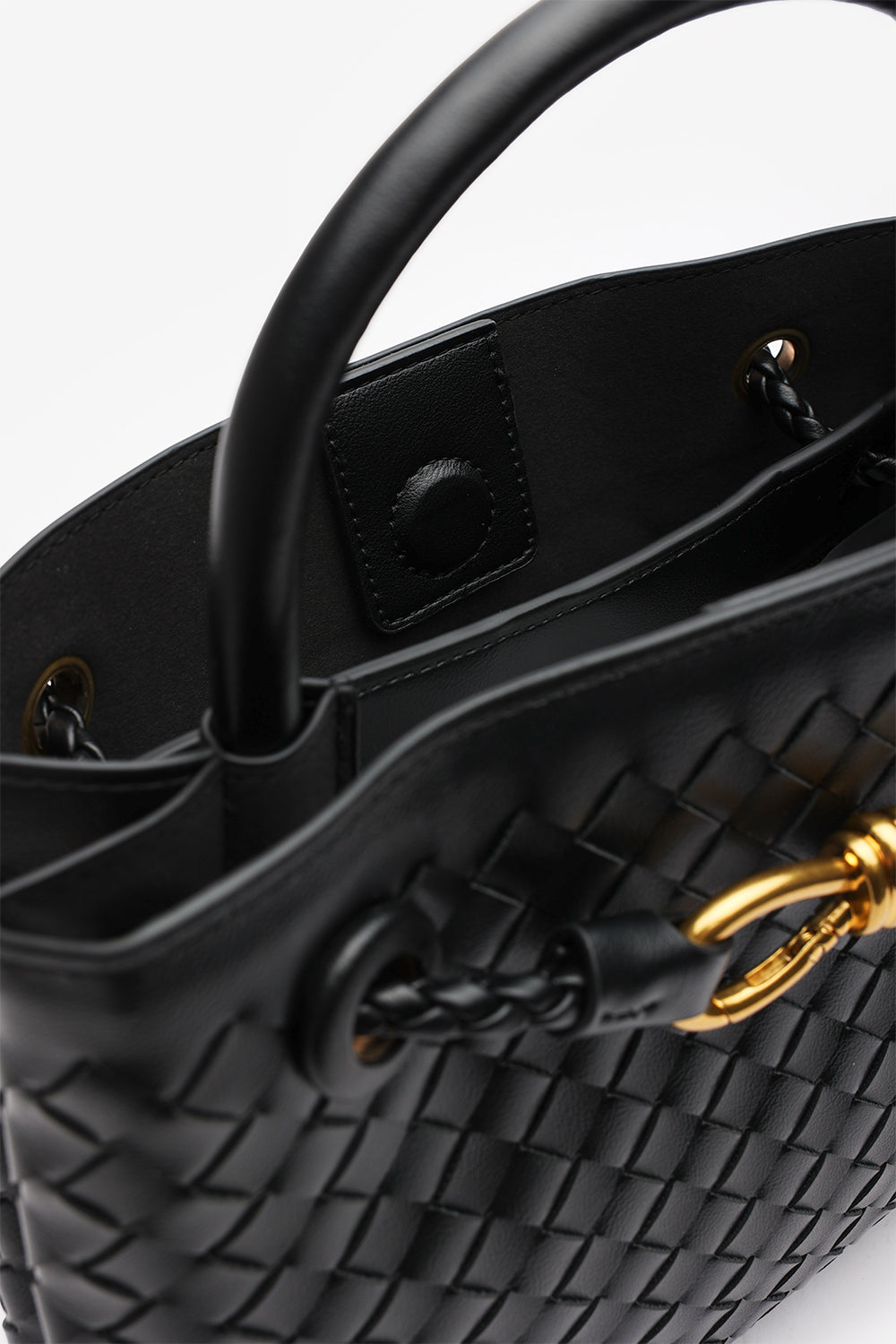 Luna Woven Leather Tote bag with Gold Detail in Black Faux Leather