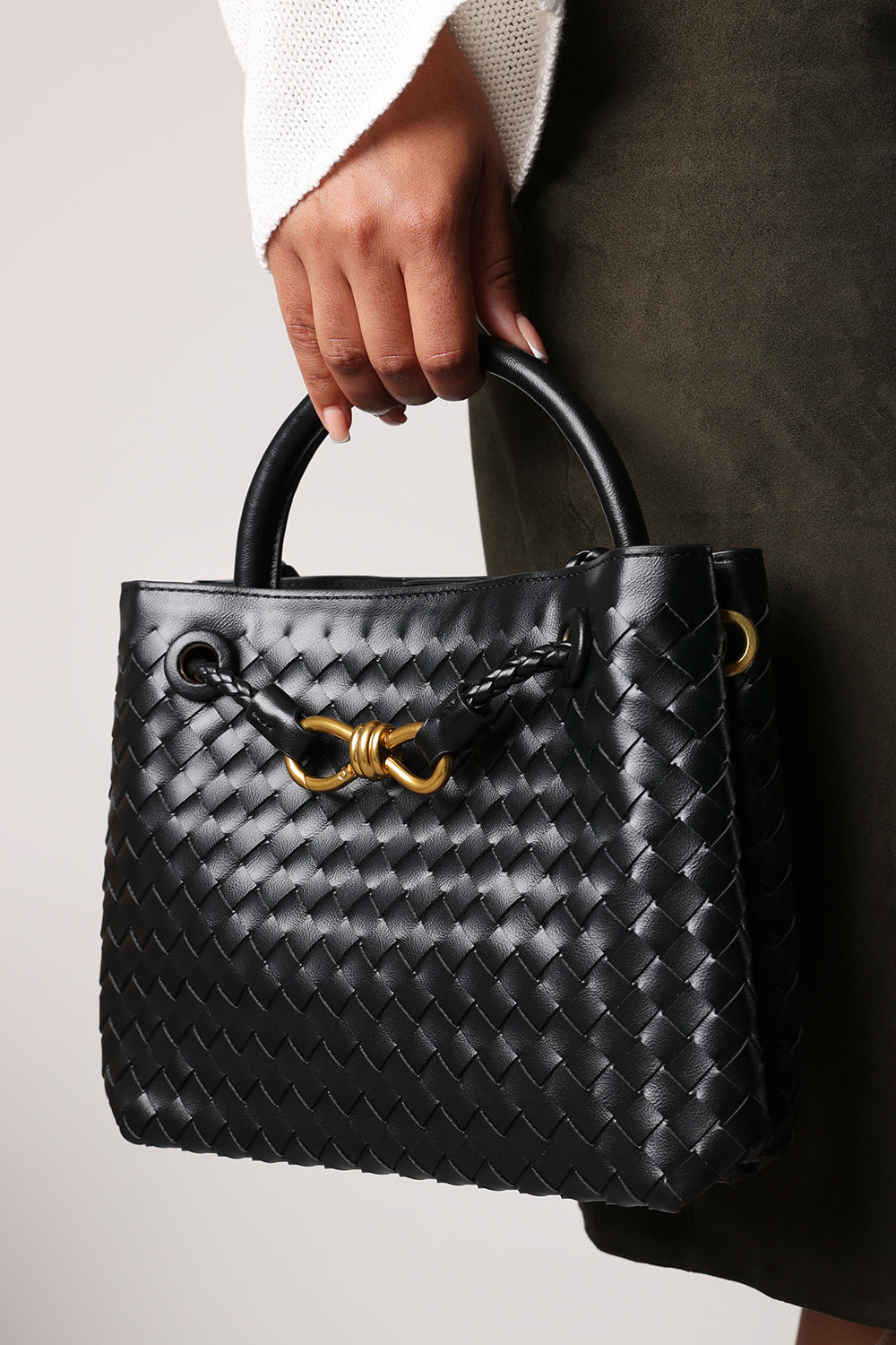 Luna Woven Leather Tote bag with Gold Detail in Black Faux Leather