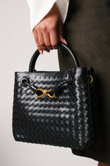 Luna Woven Leather Tote bag with Gold Detail in Black Faux Leather