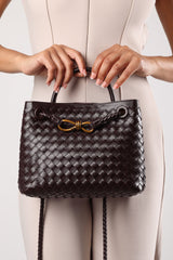 Luna Woven Leather Tote bag with Gold Detail in Dark Brown Faux Leather