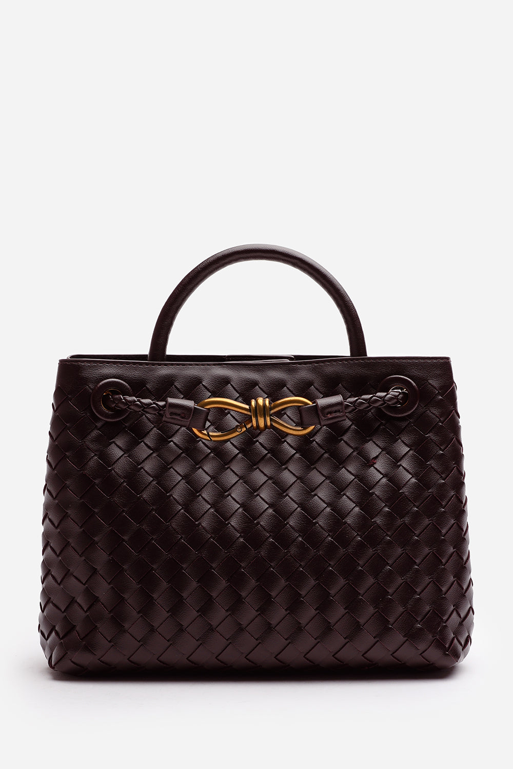 Luna Woven Leather Tote bag with Gold Detail in Dark Brown Faux Leather