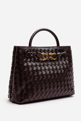 Luna Woven Leather Tote bag with Gold Detail in Dark Brown Faux Leather