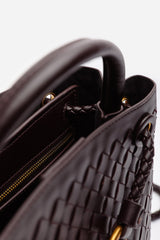 Luna Woven Leather Tote bag with Gold Detail in Dark Brown Faux Leather