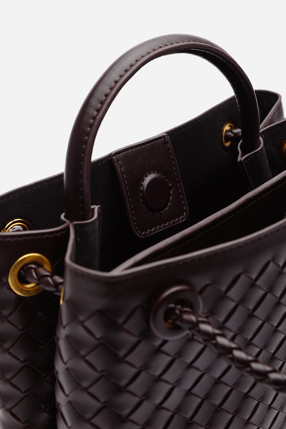 Luna Woven Leather Tote bag with Gold Detail in Dark Brown Faux Leather