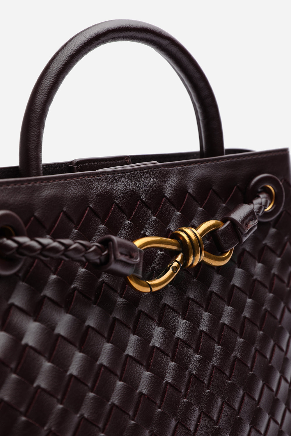 Luna Woven Leather Tote bag with Gold Detail in Dark Brown Faux Leather