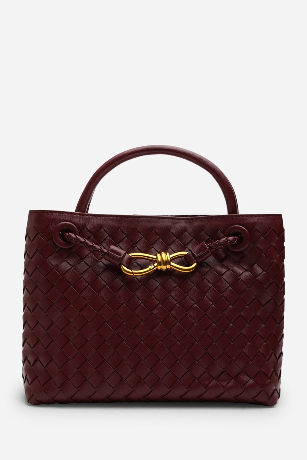 Luna Woven Leather Tote bag with Gold Detail in Maroon Faux Leather