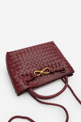 Luna Woven Leather Tote bag with Gold Detail in Maroon Faux Leather