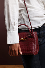 Luna Woven Leather Tote bag with Gold Detail in Maroon Faux Leather