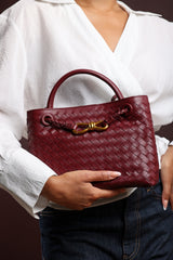 Luna Woven Leather Tote bag with Gold Detail in Maroon Faux Leather