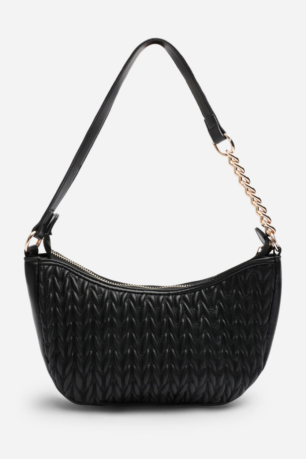 Belleza Quilted Crescent Shoulder Bag in Chain Detail in Black Faux Leather