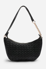 Belleza Quilted Crescent Shoulder Bag in Chain Detail in Black Faux Leather