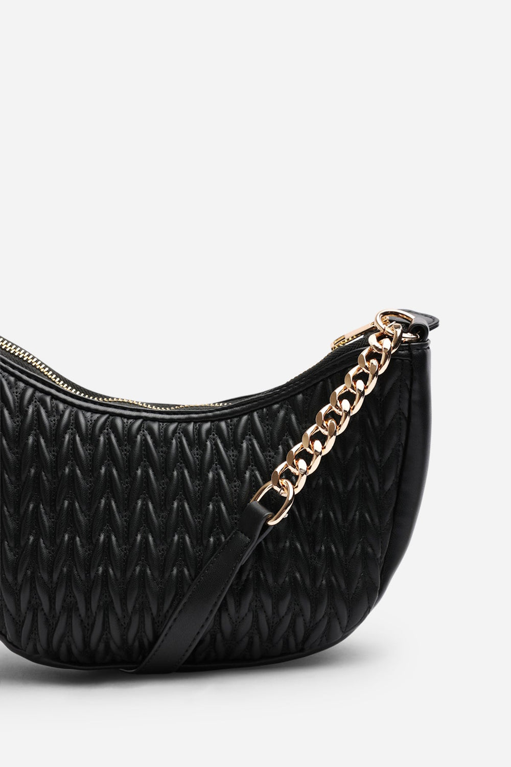 Belleza Quilted Crescent Shoulder Bag in Chain Detail in Black Faux Leather