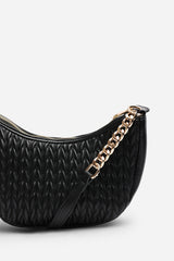 Belleza Quilted Crescent Shoulder Bag in Chain Detail in Black Faux Leather