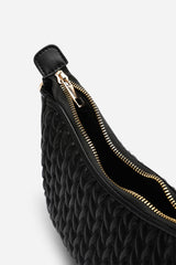 Belleza Quilted Crescent Shoulder Bag in Chain Detail in Black Faux Leather