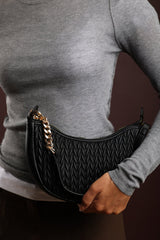 Belleza Quilted Crescent Shoulder Bag in Chain Detail in Black Faux Leather