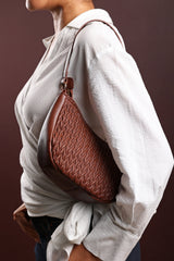 Belleza Quilted Crescent Shoulder Bag in Chain Detail in Dark Brown Faux Leather