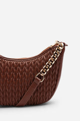 Belleza Quilted Crescent Shoulder Bag in Chain Detail in Dark Brown Faux Leather