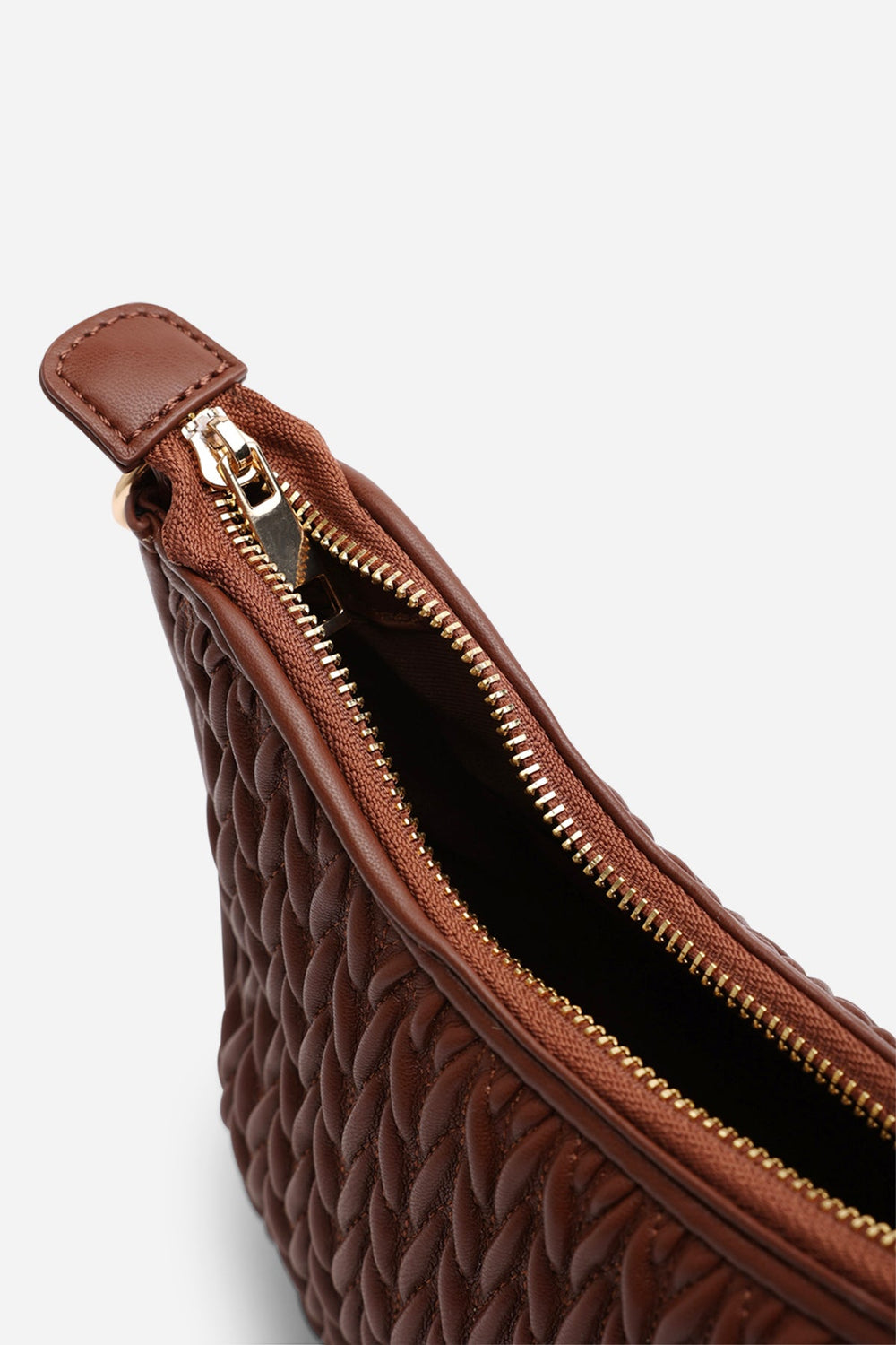 Belleza Quilted Crescent Shoulder Bag in Chain Detail in Dark Brown Faux Leather