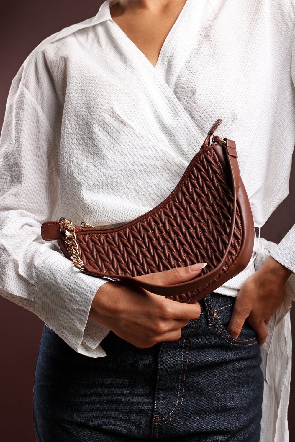 Belleza Quilted Crescent Shoulder Bag in Chain Detail in Dark Brown Faux Leather