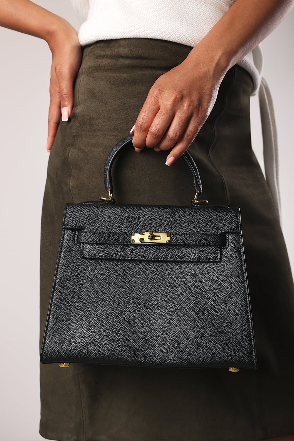 Lluvia Top Handle Satchel Mini Tote Bag with Turn-Lock Closure in Black