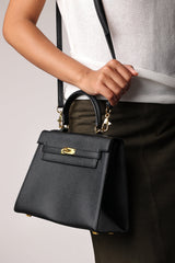 Lluvia Top Handle Satchel Mini Tote Bag with Turn-Lock Closure in Black