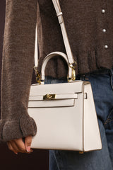 Lluvia Top Handle Satchel Mini Tote Bag with Turn-Lock Closure in Cream