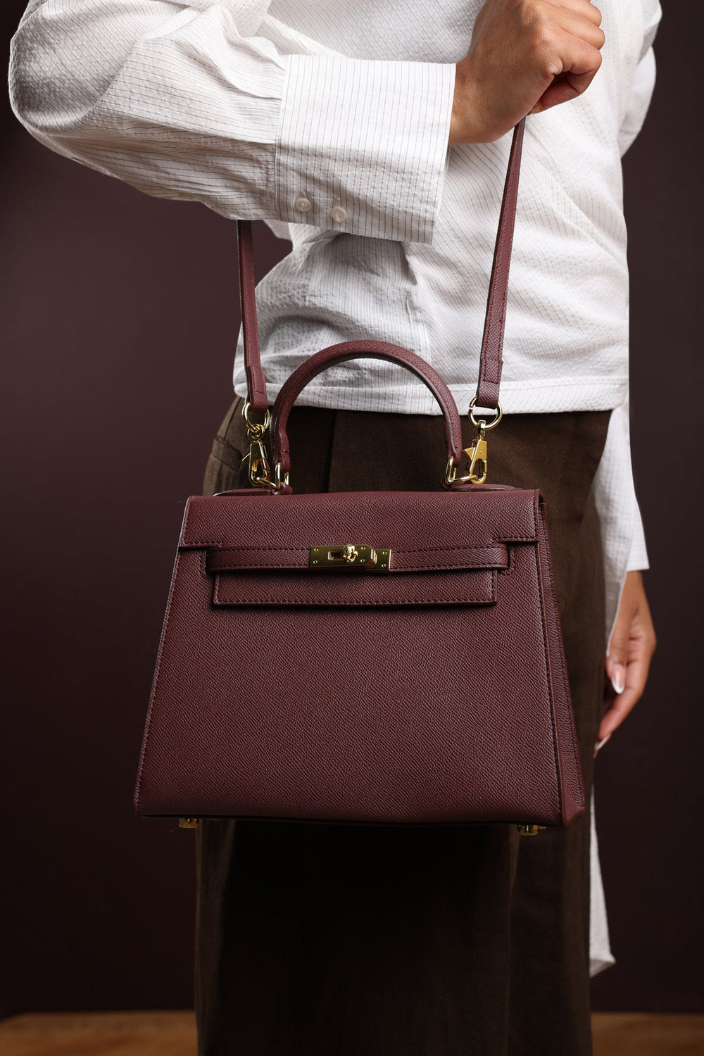 Lluvia Top Handle Satchel Mini Tote Bag with Turn-Lock Closure in Maroon