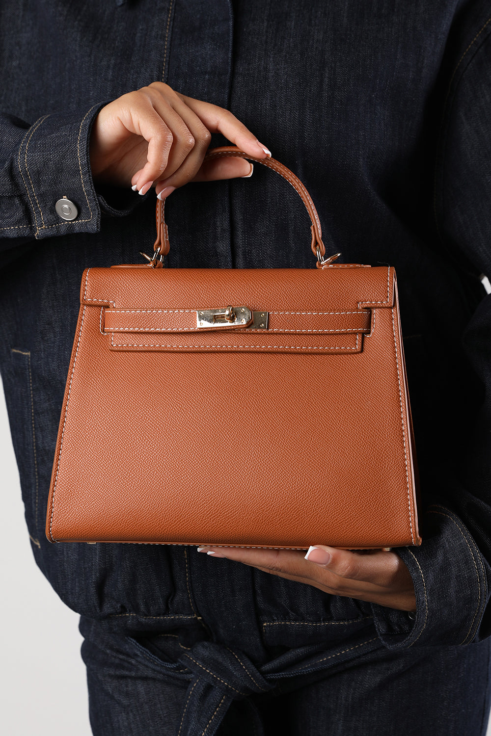 Lluvia Top Handle Satchel Mini Tote Bag with Turn-Lock Closure in Tan