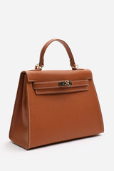 Lluvia Top Handle Satchel Mini Tote Bag with Turn-Lock Closure in Tan