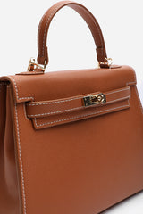 Lluvia Top Handle Satchel Mini Tote Bag with Turn-Lock Closure in Tan