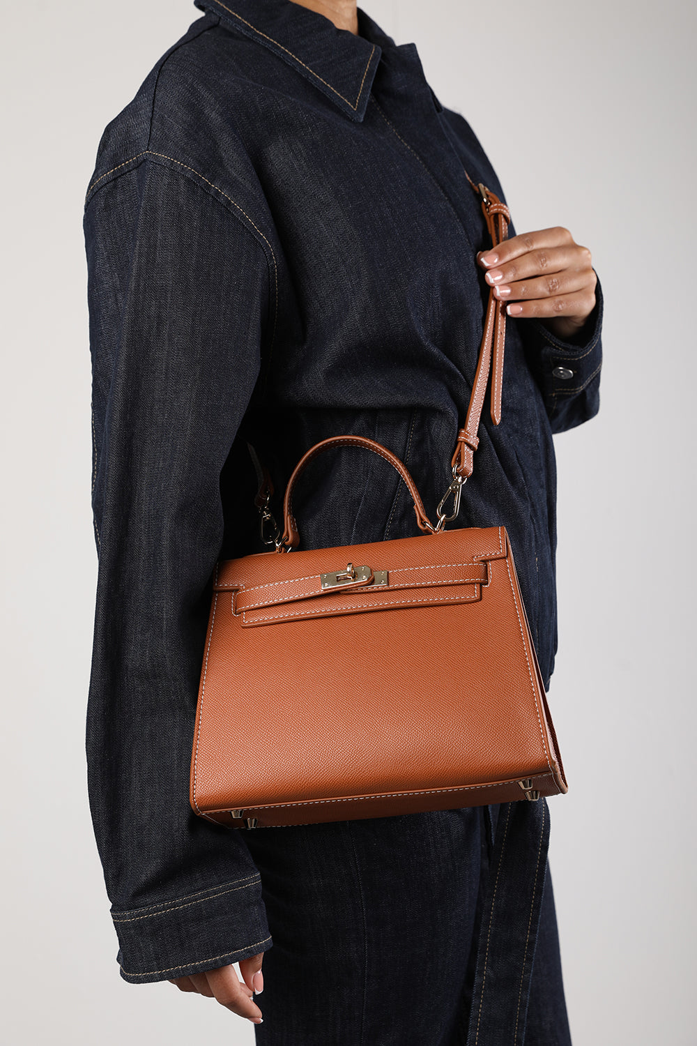 Lluvia Top Handle Satchel Mini Tote Bag with Turn-Lock Closure in Tan