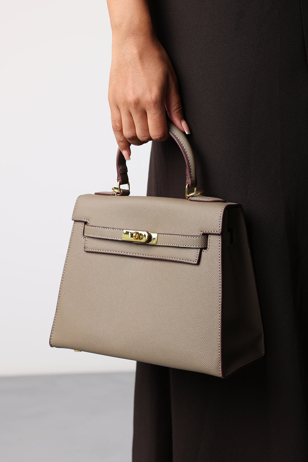 Lluvia Top Handle Satchel Mini Tote Bag with Turn-Lock Closure in Taupe