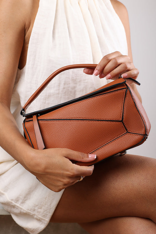 Abrazo Geometric Top Handle Bag in Tan