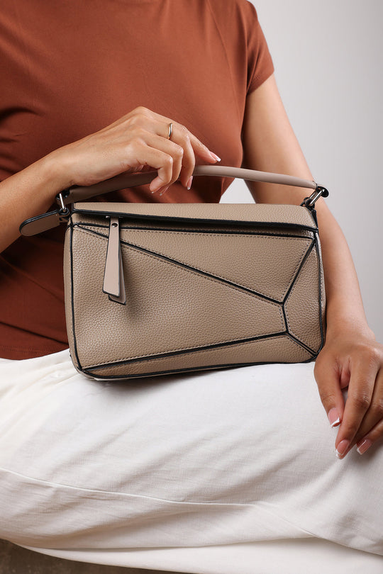 Abrazo Geometric Top Handle Bag in Taupe