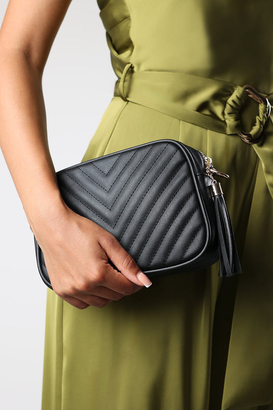 Ange Chevron Quilted Crossbody Bag in Black