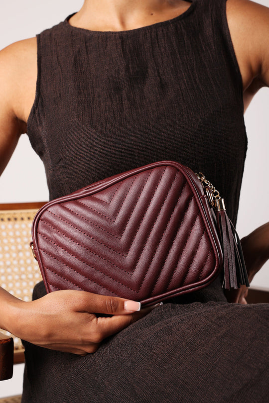 Ange Chevron Quilted Crossbody Bag in Dark Brown